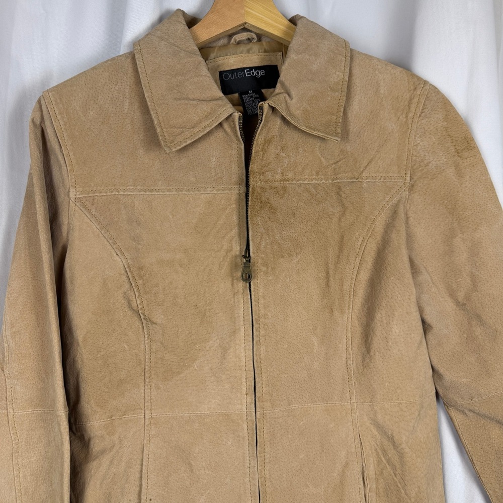 OuterEdge Tan Suede Leather Zip Up Jacket Womens Medium Brown Perforated Texture
